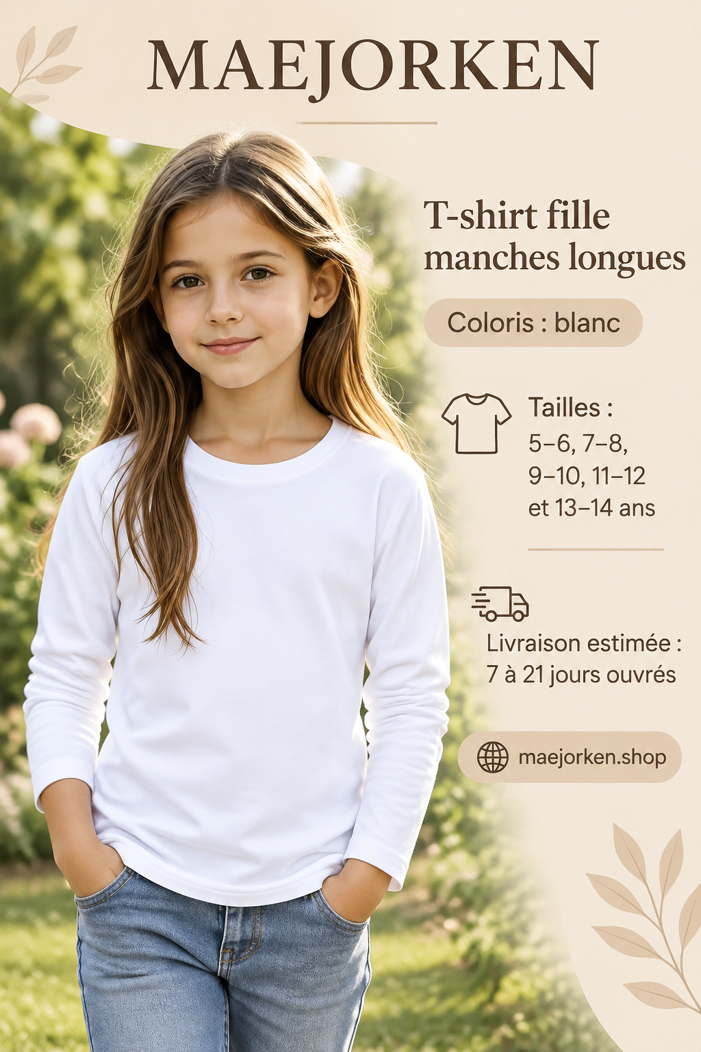 T-shirt blanc uni à manches longues porté par une enfant, cinq tailles de 5 à 14 ans, livraison estimée 7 à 21 jours ouvrés.