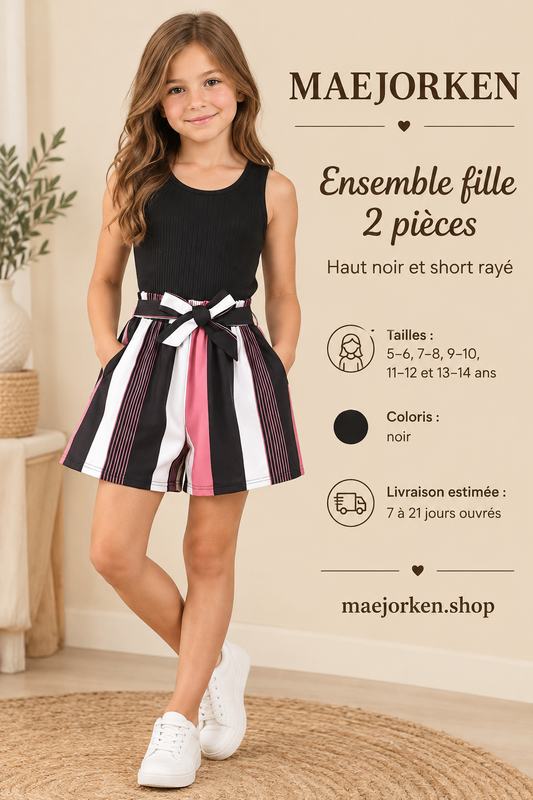 Ensemble fille porté par une enfant, haut noir et short rayé noir blanc rose, tailles 5 à 14 ans, livraison estimée 7 à 21 jours ouvrés.