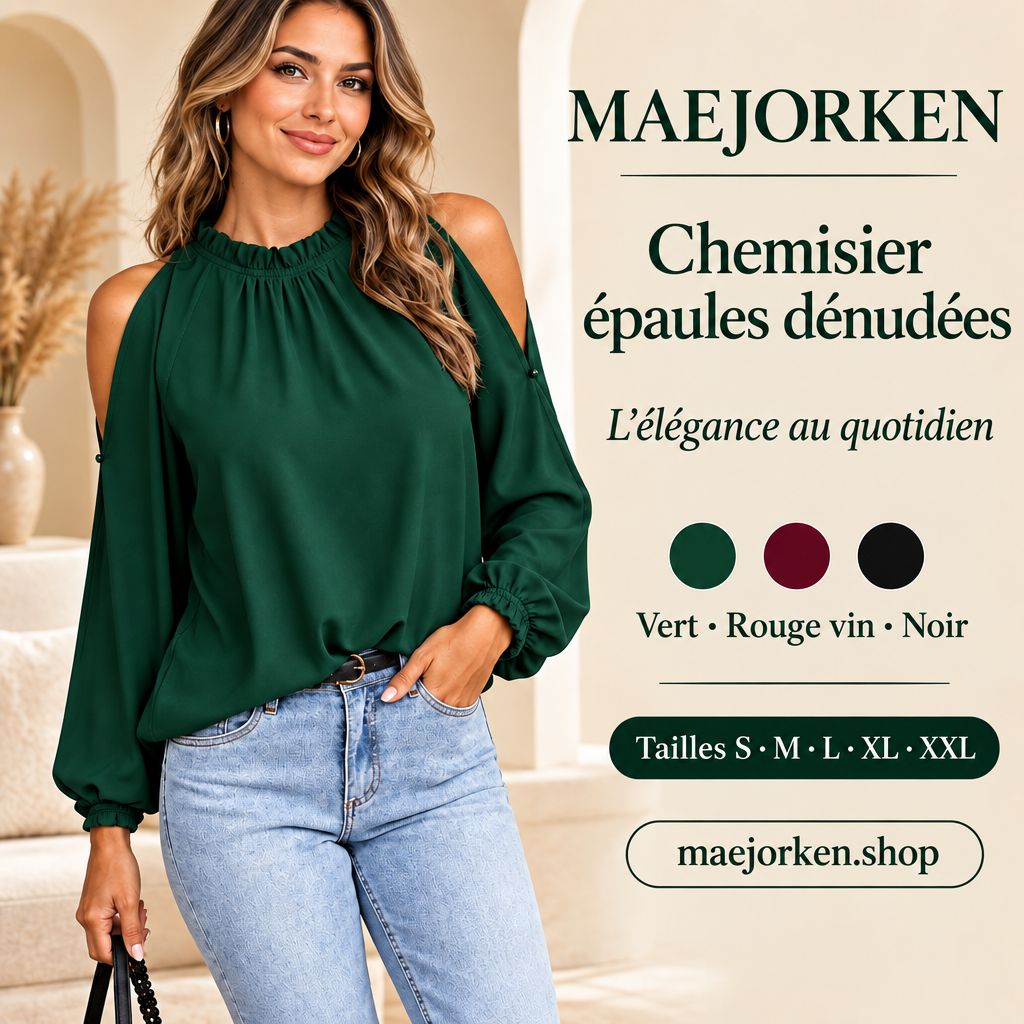 Affiche MAEJORKEN chemisier épaules dénudées avec mannequin, vert rouge vin noir, tailles S à XXL, sans prix ni promotion.