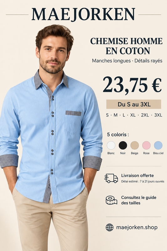 Affiche avec mannequin portant la chemise bleu ciel à détails rayés, prix 23,75 €, tailles S au 3XL et cinq coloris