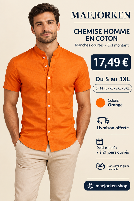 Affiche avec mannequin portant la chemise orange à col montant, prix 17,49 €, tailles S au 3XL
