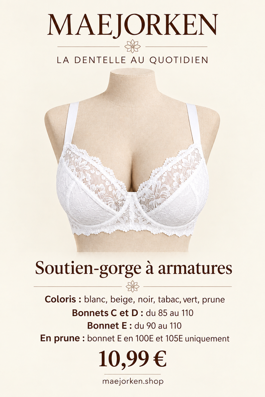 Affiche du soutien-gorge avec six coloris, bonnets C et D du 85 au 110, E du 90 au 110 sauf prune en 100E et 105E, prix 10,99 € sans promotion