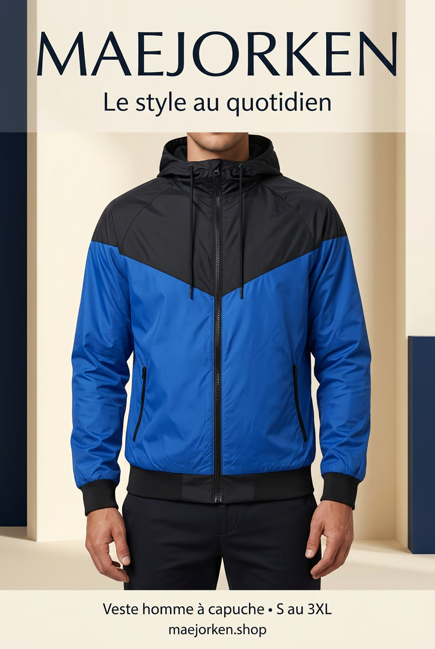 Affiche MAEJORKEN sans prix, veste bleue et noire portée par un mannequin virtuel