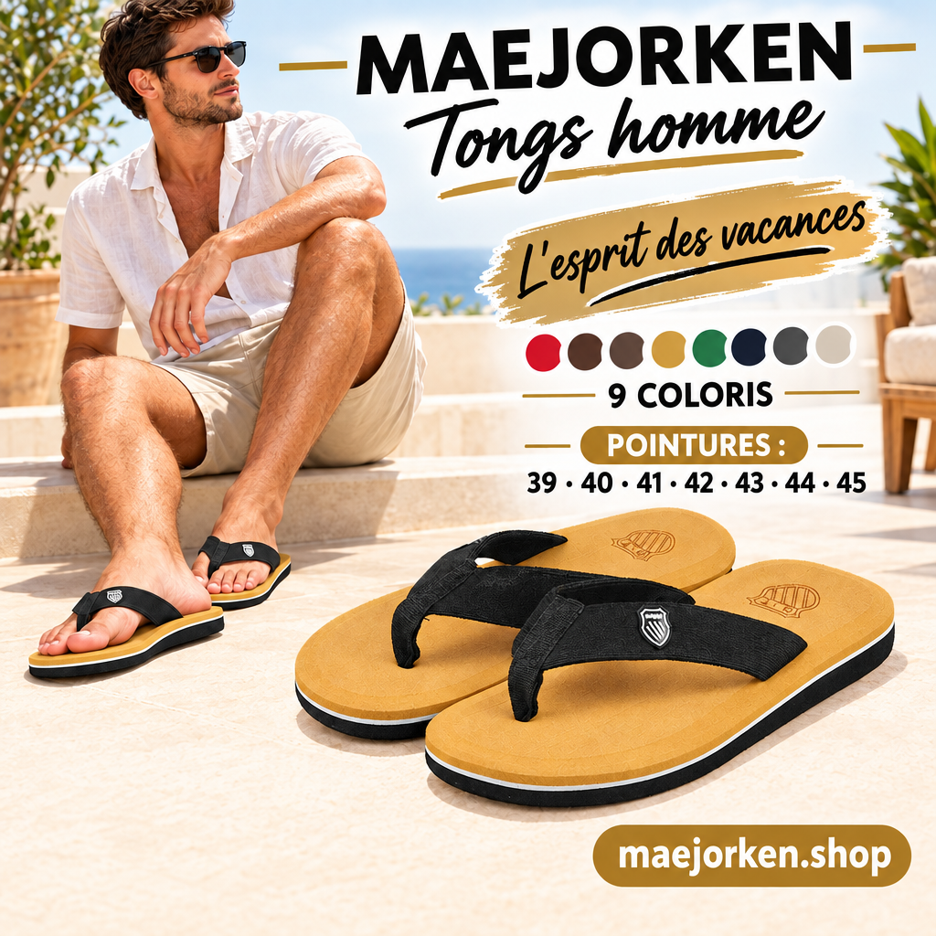 Affiche MAEJORKEN tongs homme avec mannequin, neuf coloris et pointures 39 à 45, sans prix ni promotion.