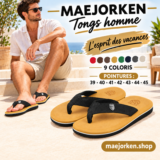 Affiche MAEJORKEN tongs homme avec mannequin, neuf coloris et pointures 39 à 45, sans prix ni promotion.