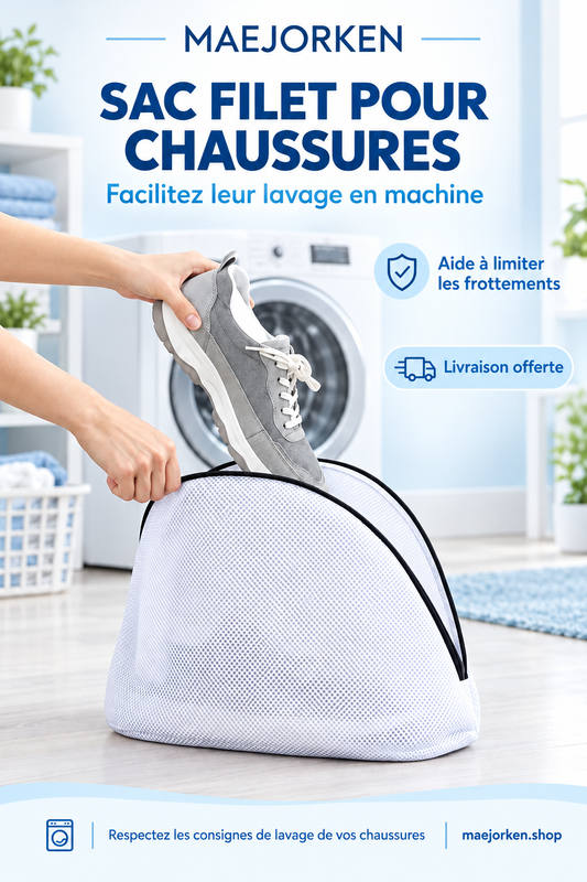 Affiche MAEJORKEN sans prix, sac filet blanc pour le lavage des chaussures en machine, livraison offerte et consignes de lavage.