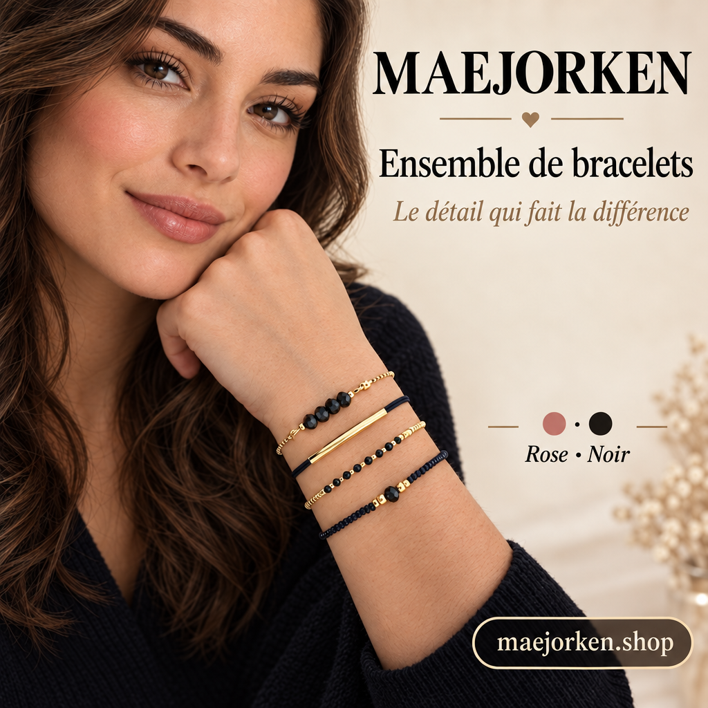 Affiche MAEJORKEN ensemble de bracelets avec mannequin, coloris rose et noir, sans prix ni promotion.