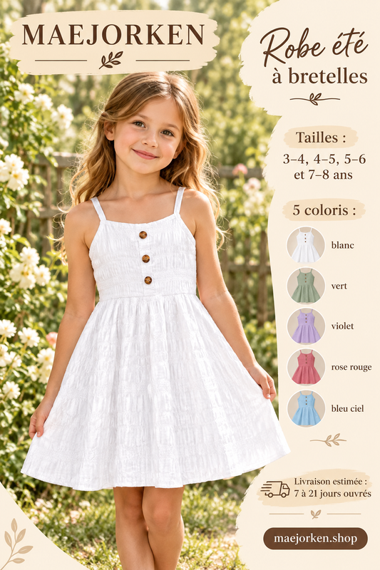 Robe blanche à bretelles et boutons portée par une enfant, quatre tailles de 3 à 8 ans, cinq coloris, livraison estimée 7 à 21 jours ouvrés.