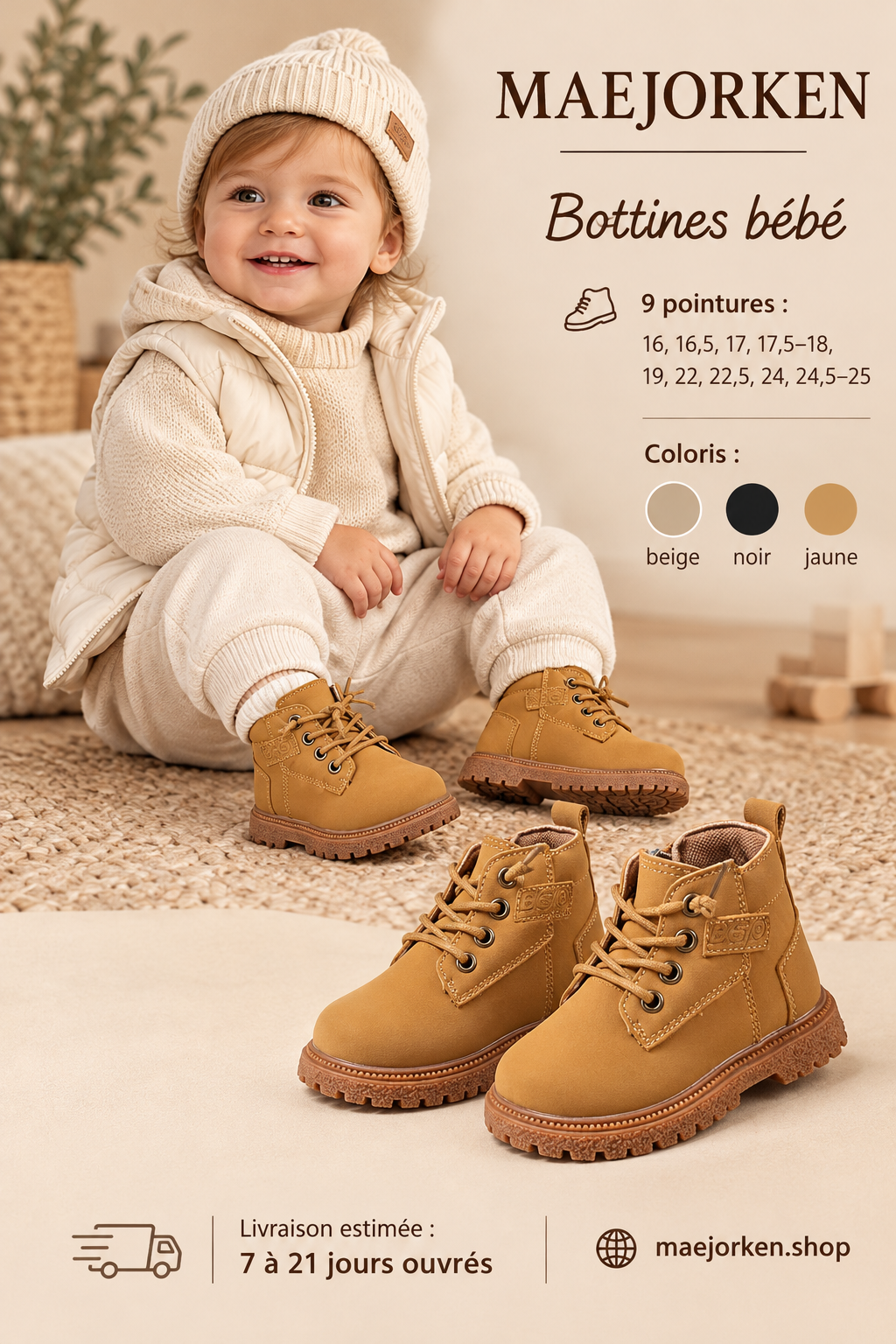 Bottines camel portées par un jeune enfant, neuf pointures, coloris beige noir jaune, livraison estimée 7 à 21 jours ouvrés.