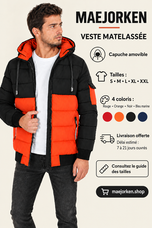 Mannequin portant la veste matelassée orange et noire, tailles S à XXL, quatre coloris et livraison offerte.