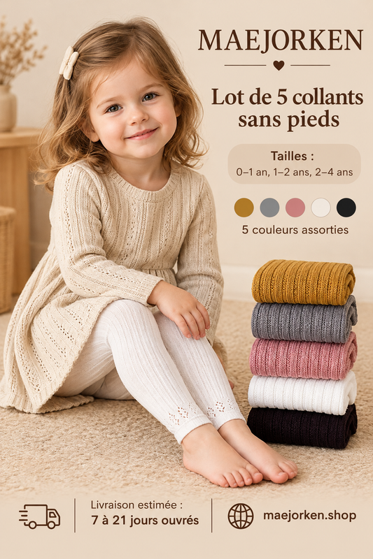 Lot de cinq collants sans pieds côtelés, moutarde gris rose blanc noir, porté par une enfant, tailles 0 à 4 ans.