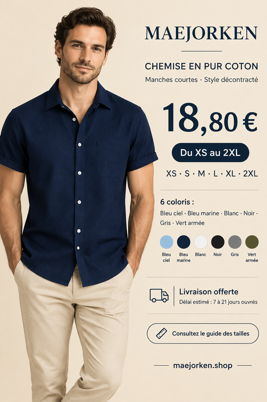Affiche avec mannequin portant la chemise bleu marine en pur coton, prix 18,80 €, tailles XS au 2XL et six coloris