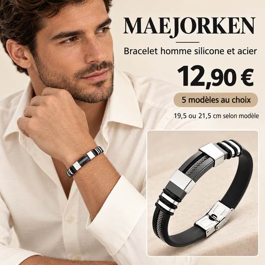 Bracelet homme noir silicone et acier MAEJORKEN porté par un mannequin, 12,90 €