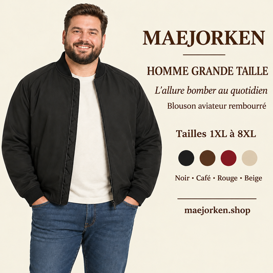Mannequin homme grande taille portant le blouson aviateur noir rembourré, tailles 1XL à 8XL, coloris noir, café, rouge et beige.