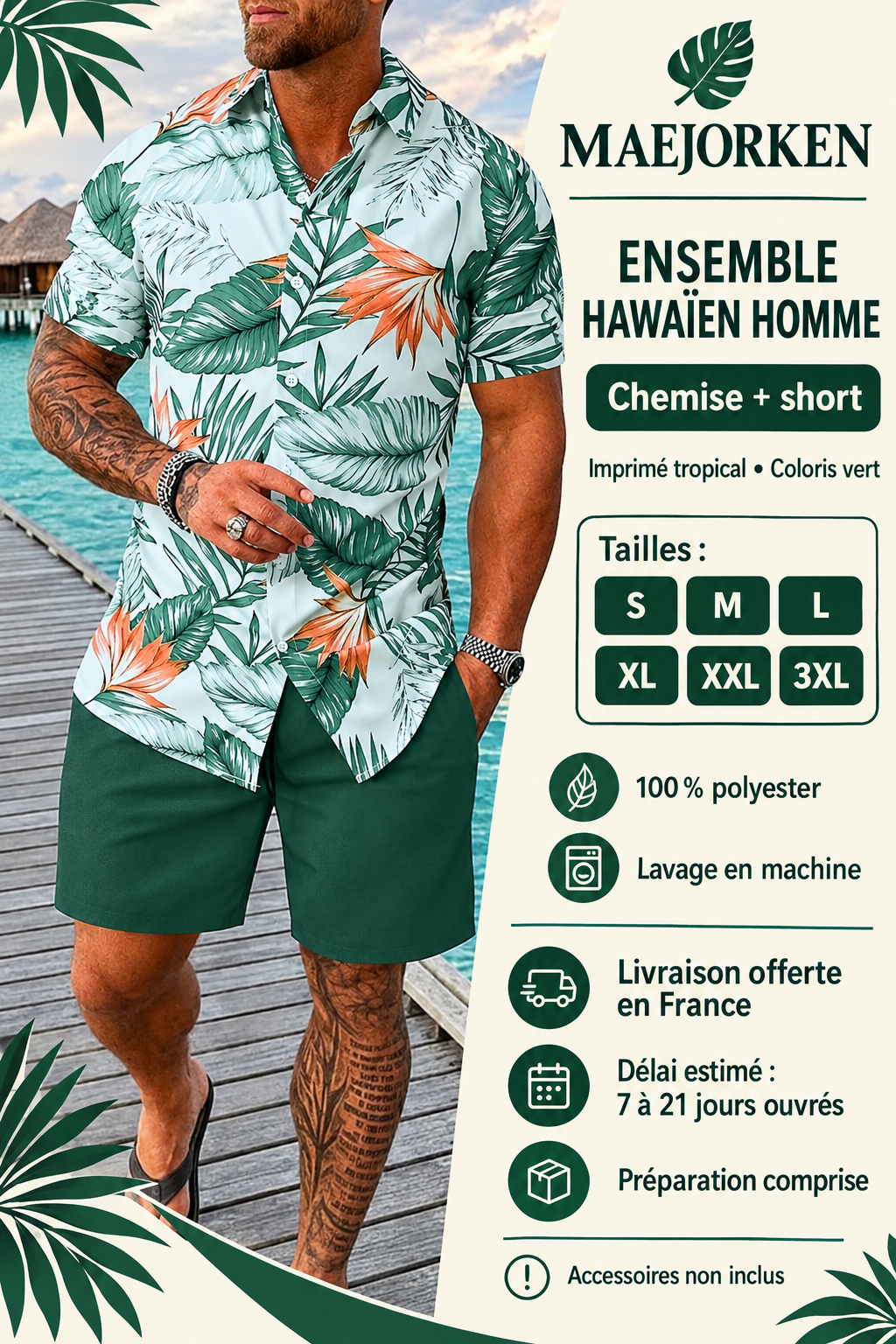 Ensemble hawaïen homme chemise imprimé tropical et short vert, tailles S à 3XL, 100 % polyester, délai estimé 7 à 21 jours ouvrés préparation comprise et livraison offerte en France.
