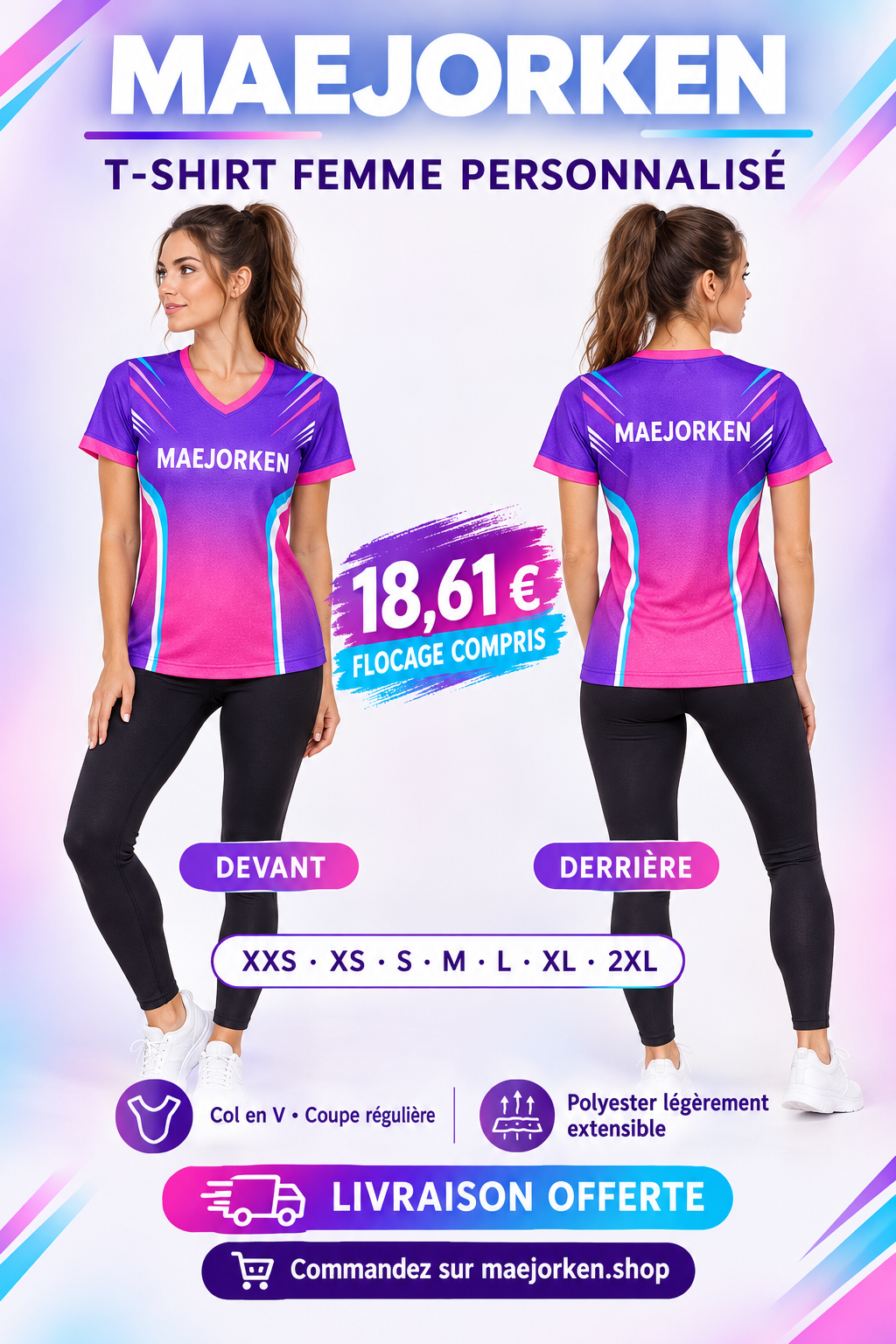 T-shirt femme violet et rose col V sur mannequin de face et de dos, nom MAEJORKEN blanc devant et derrière sans logo ni numéro, 18,61 €, XXS à 2XL, flocage compris.