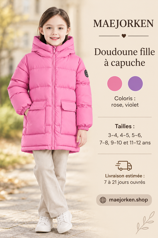 Doudoune rose rembourrée à capuche et grandes poches portée par une enfant, six tailles de 3 à 12 ans, rose ou violet.