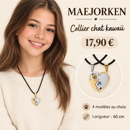 Collier chat kawaii MAEJORKEN porté par une mannequin adolescente, à 17,90 €, longueur 60 cm