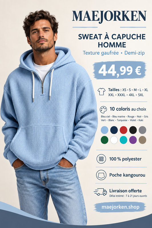 Affiche MAEJORKEN : sweat à capuche homme gaufré demi-zip à 44,99 €, tailles XS à 5XL et 10 coloris.