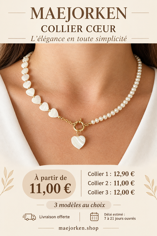 Collier à perles et motifs cœur porté, trois modèles à partir de 11 euros et livraison estimée 7 à 21 jours ouvrés