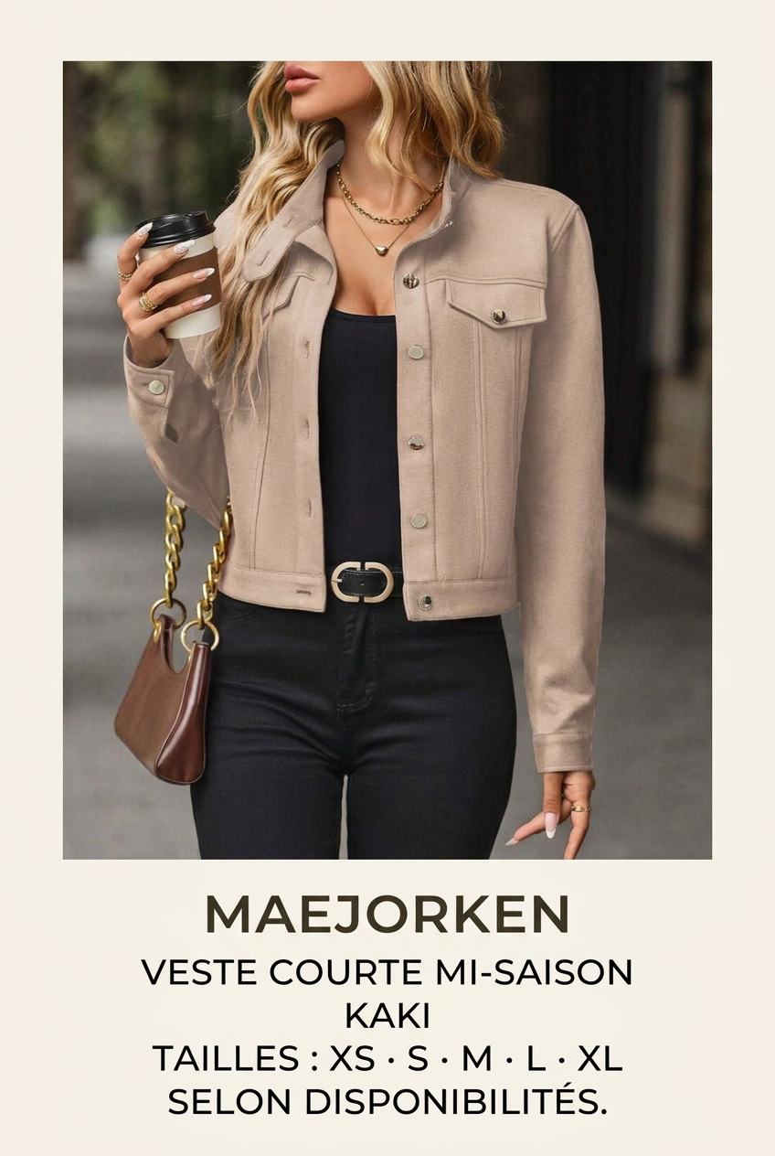 Affiche MAEJORKEN veste kaki avec mannequin, tailles XS à XL