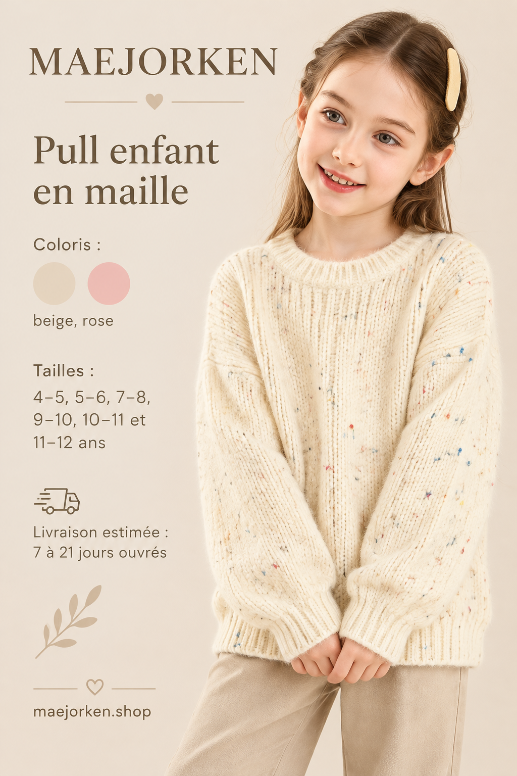 Pull beige crème en maille à petits détails multicolores porté par une enfant, six tailles de 4 à 12 ans.