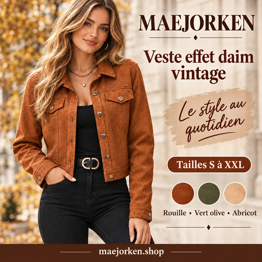 Affiche MAEJORKEN veste femme effet daim vintage avec mannequin, coloris rouille vert olive abricot et tailles S à XXL, sans prix ni promotion.