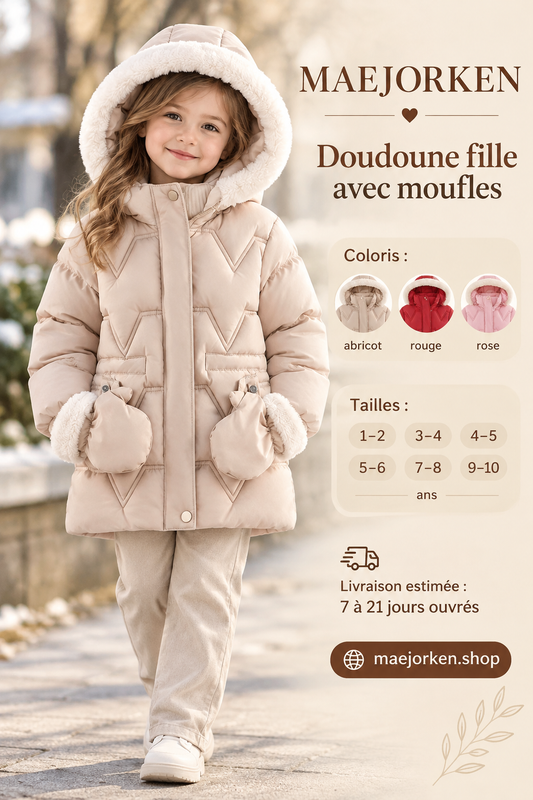 Doudoune abricot fille à capuche bord blanc et moufles assorties portée par une enfant, six tailles de 1 à 10 ans et trois coloris.