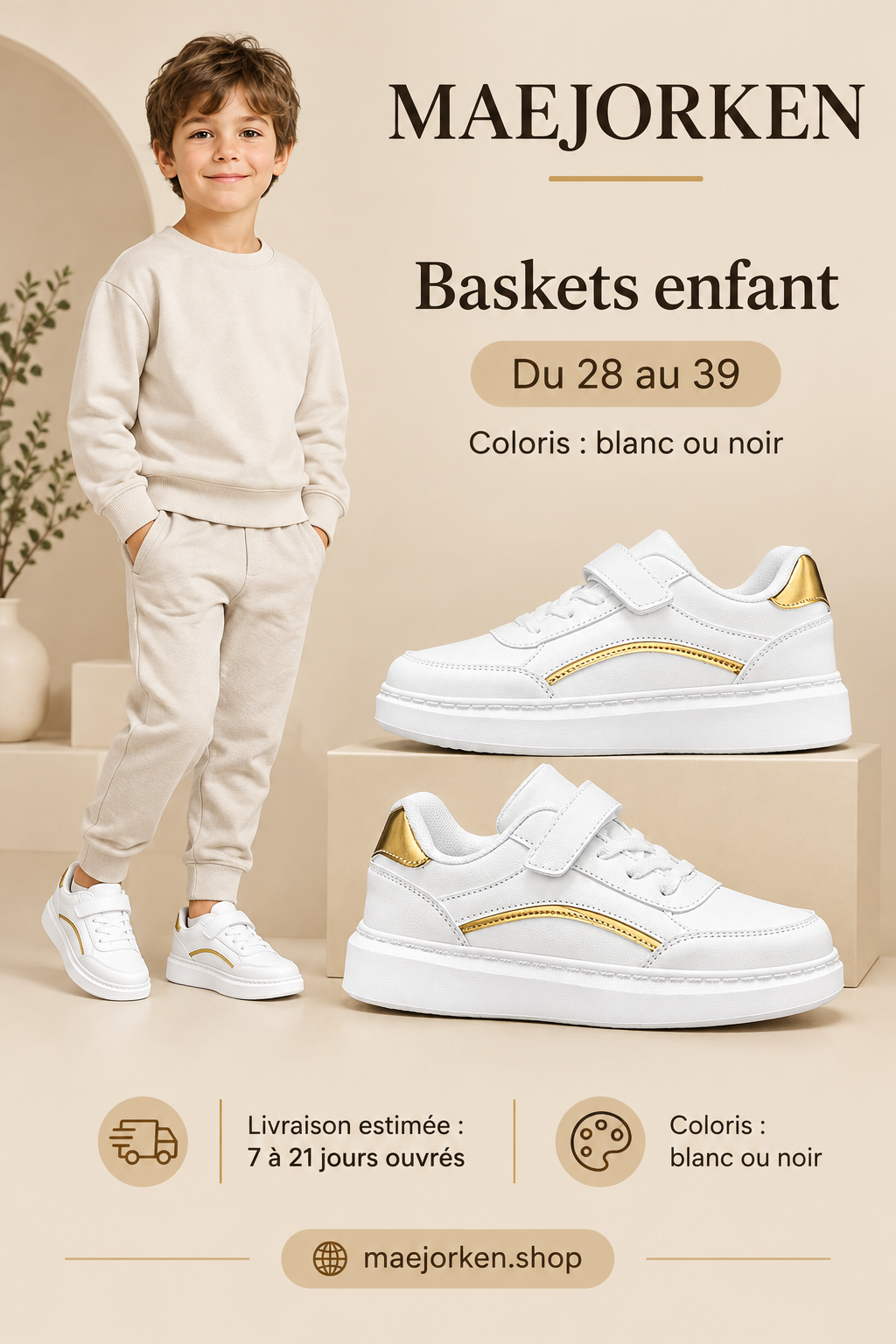 Affiche MAEJORKEN baskets enfant blanches à détails dorés avec mannequin enfant, pointures 28 à 39, blanc ou noir et livraison estimée de 7 à 21 jours ouvrés.