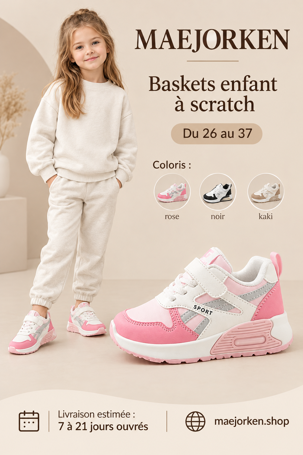 Affiche MAEJORKEN baskets enfant roses et blanches avec mannequin enfant, pointures 26 à 37, coloris rose noir kaki et livraison estimée de 7 à 21 jours ouvrés.