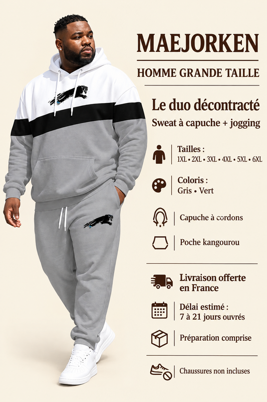 Ensemble homme grande taille sweat à capuche et jogging gris, tailles 1XL à 6XL, coloris gris ou vert. Livraison offerte en France, délai estimé 7 à 21 jours ouvrés préparation comprise. Chaussures non incluses.