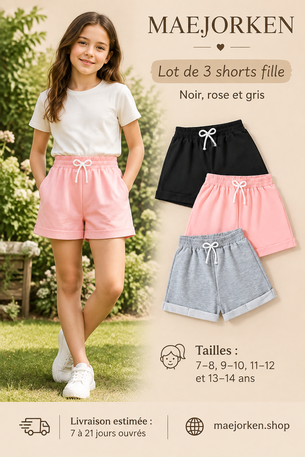 Lot de trois shorts fille noir rose gris à taille élastiquée et cordon blanc, short rose porté par une enfant, tailles 7 à 14 ans.
