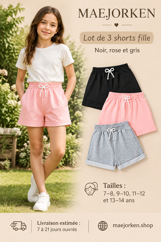 Lot de trois shorts fille noir rose gris à taille élastiquée et cordon blanc, short rose porté par une enfant, tailles 7 à 14 ans.