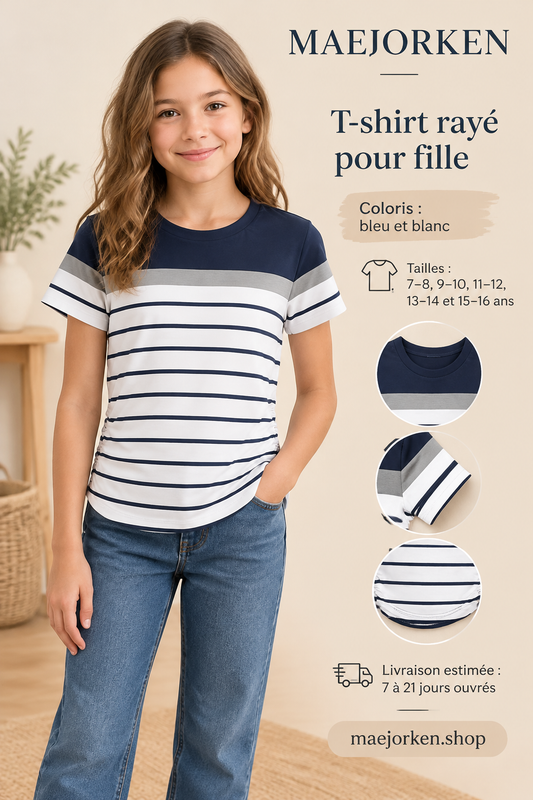 T-shirt rayé bleu et blanc porté par une enfant, cinq tailles de 7 à 16 ans, livraison estimée 7 à 21 jours ouvrés.