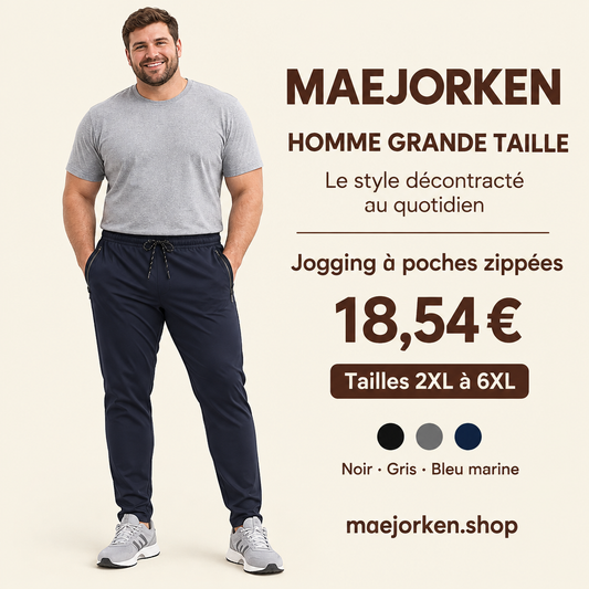 Mannequin homme grande taille en pied portant le jogging bleu marine à poches zippées, tailles 2XL à 6XL, trois coloris, prix 18,54 €.