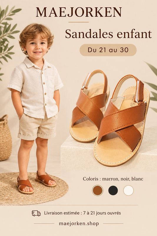 Affiche MAEJORKEN sandales enfant marron avec mannequin, pointures 21 à 30, coloris marron noir blanc et livraison estimée de 7 à 21 jours ouvrés.