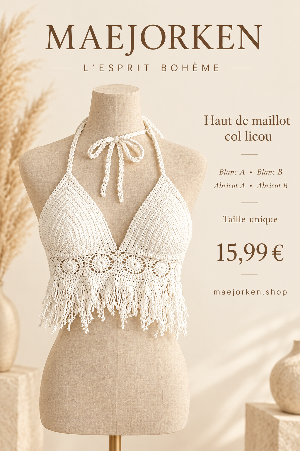 Haut aspect crochet à franges sur mannequin de vitrine, Blanc A et B, Abricot A et B, taille unique, 15,99 € sans promotion