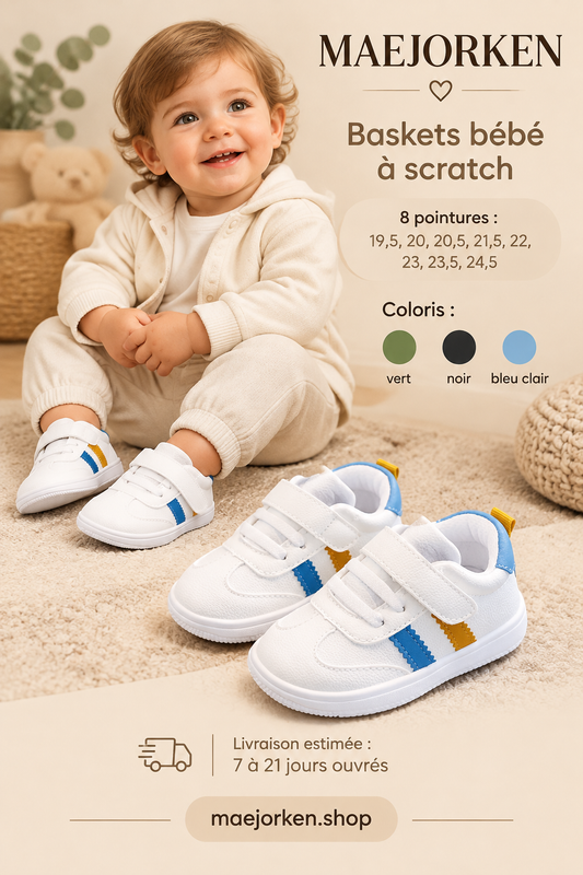 Baskets blanches à détails bleu et jaune portées par un jeune enfant, huit pointures, trois coloris et livraison estimée 7 à 21 jours ouvrés.