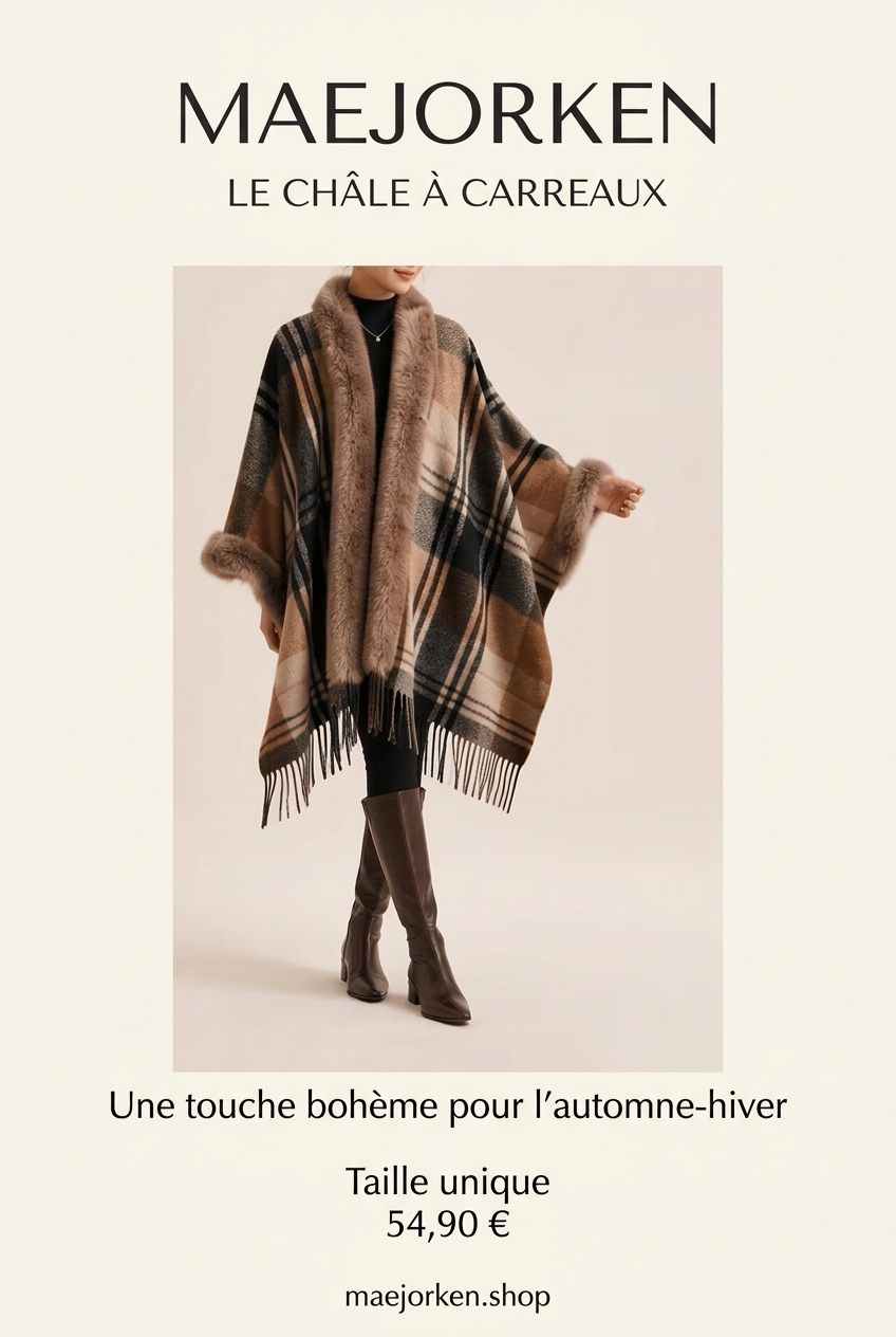 Affiche MAEJORKEN, châle à carreaux marron, taille unique, 54,90 €.