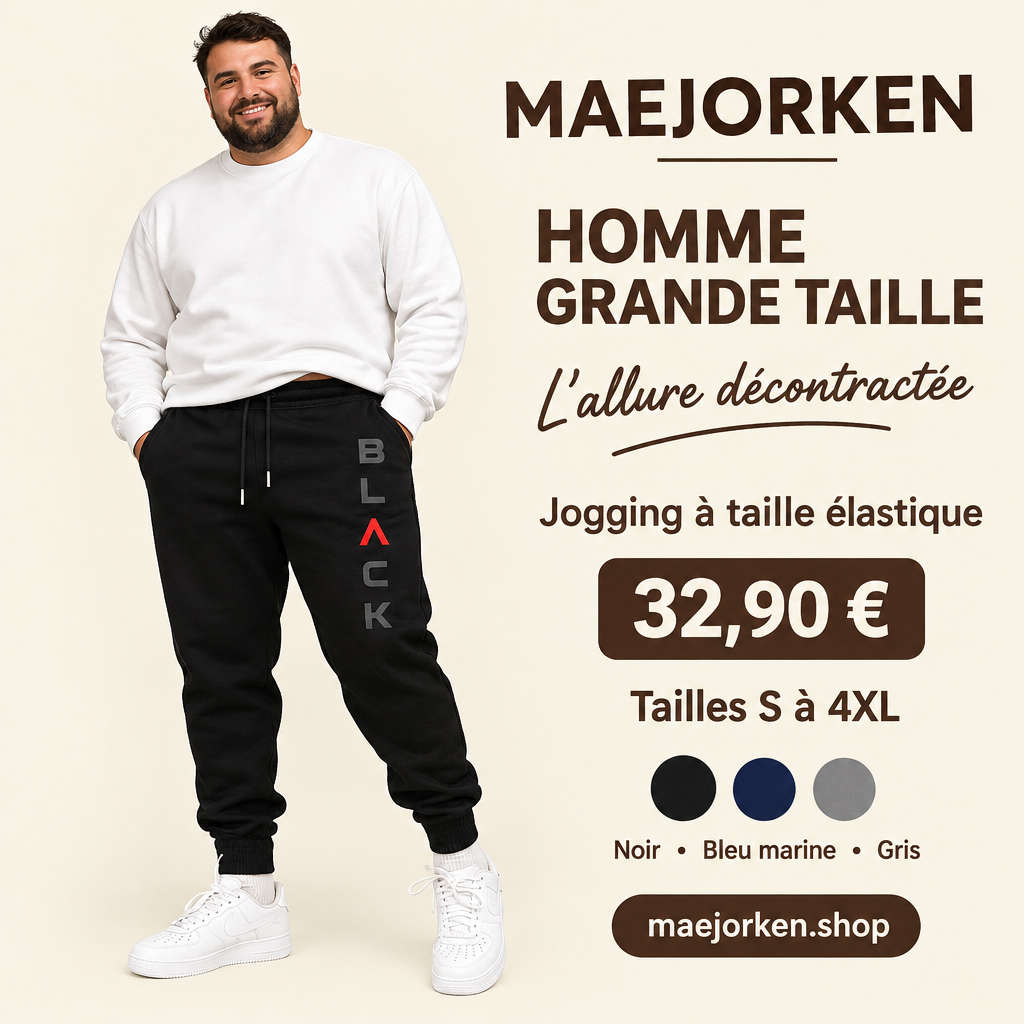 Mannequin homme grande taille portant le jogging noir imprimé BLACK à taille élastique, S à 4XL, 32,90 €.