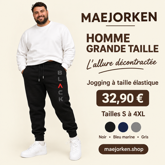 Mannequin homme grande taille portant le jogging noir imprimé BLACK à taille élastique, S à 4XL, 32,90 €.