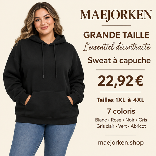 Mannequin portant le sweat noir à capuche et poche kangourou MAEJORKEN, 22,92 €, tailles 1XL à 4XL, sept coloris.