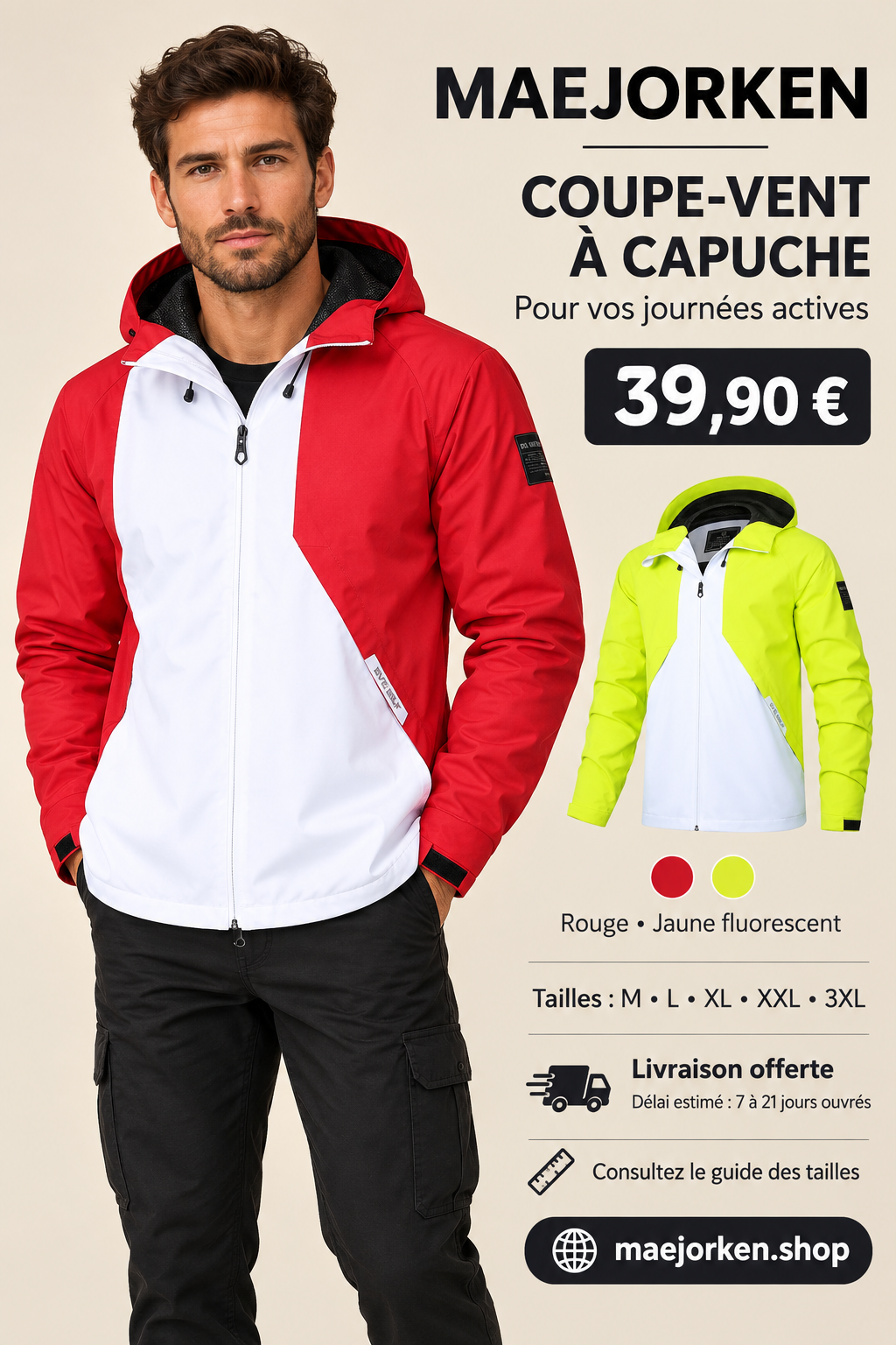 Coupe-vent homme rouge et jaune fluorescent, prix 39,90 euros, tailles M au 3XL, livraison estimée 7 à 21 jours ouvrés