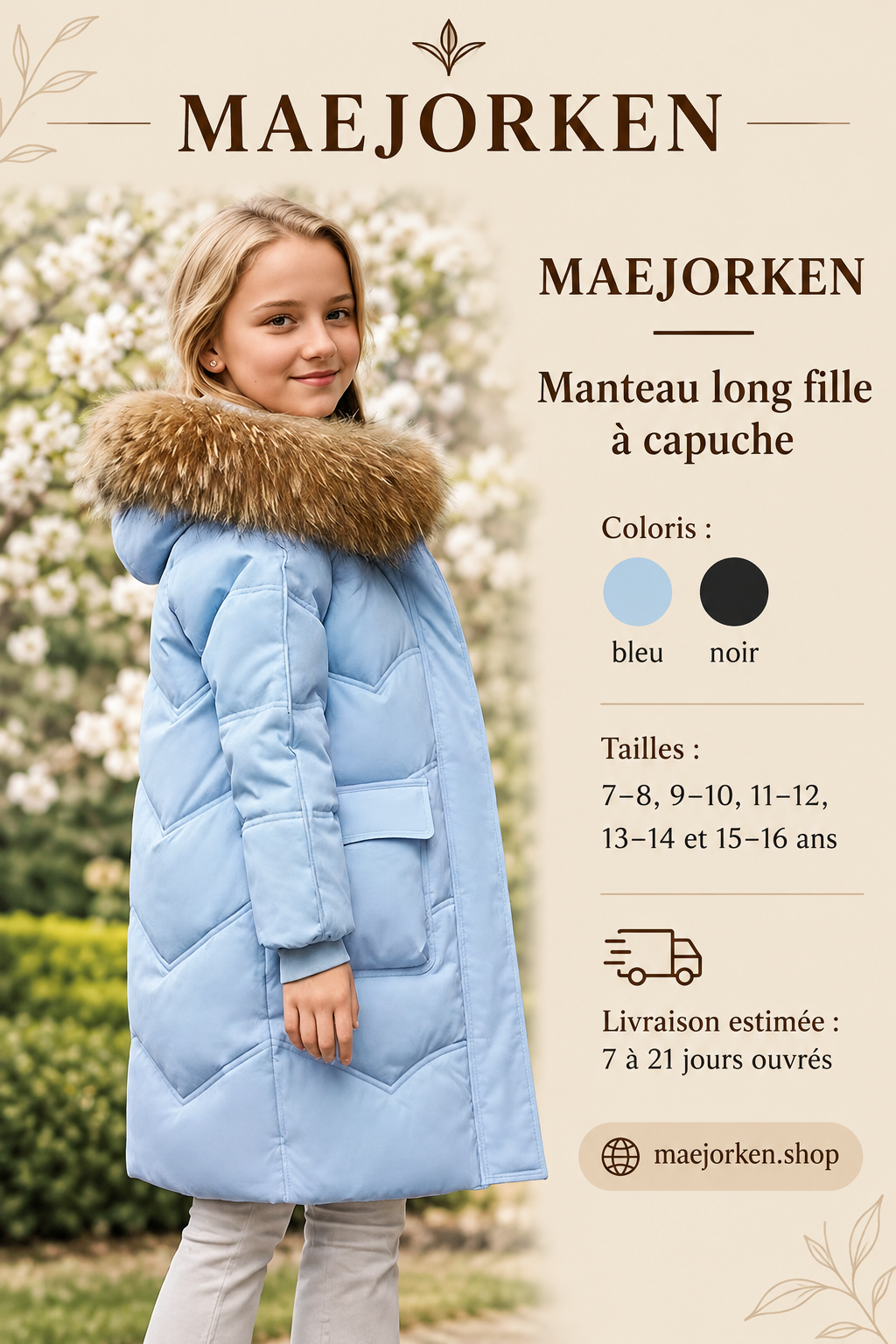 Manteau long bleu ciel fille à capuche bord brun, matelassage chevrons, porté par une enfant, cinq tailles de 7 à 16 ans.