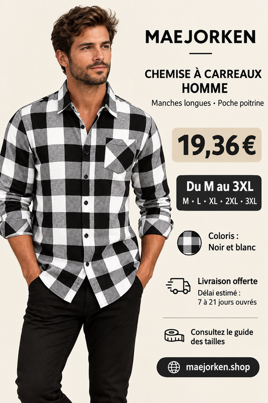 Affiche avec mannequin portant la chemise à carreaux noir et blanc, prix 19,36 €, tailles M au 3XL