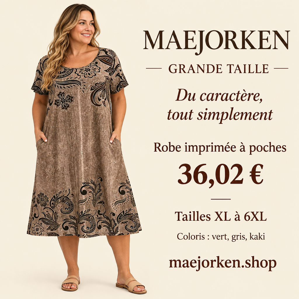 Mannequin portant une robe imprimée à poches MAEJORKEN grande taille, 36,02 €, tailles XL à 6XL, options vert, gris et kaki.