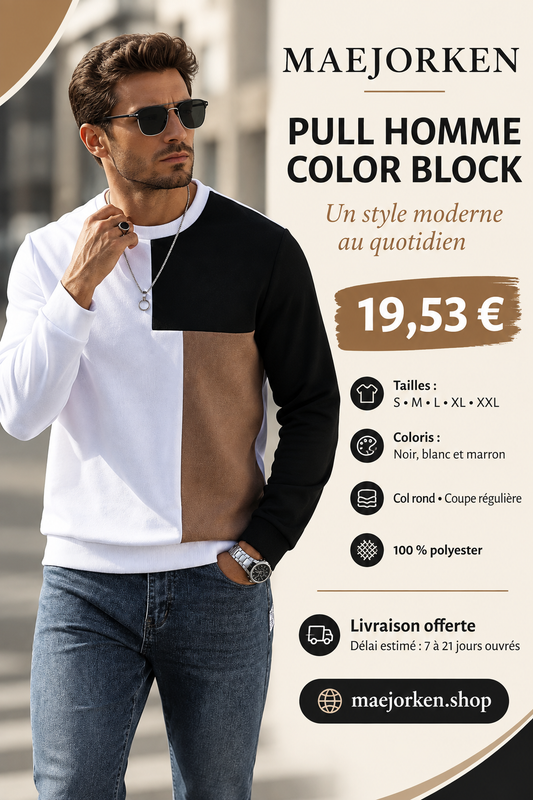 Affiche MAEJORKEN : pull homme color block noir, blanc et marron à 19,53 €, tailles S à XXL.