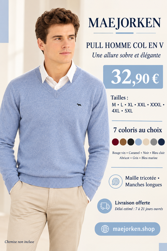 Affiche MAEJORKEN : pull homme col en V à 32,90 €, tailles M à 5XL et 7 coloris au choix.