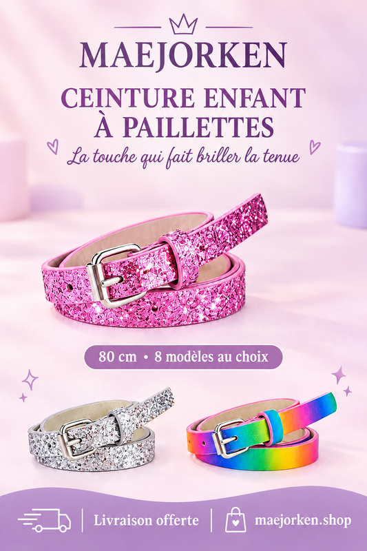 Affiche MAEJORKEN ceinture enfant à paillettes, 80 cm et huit modèles au choix, sans prix.