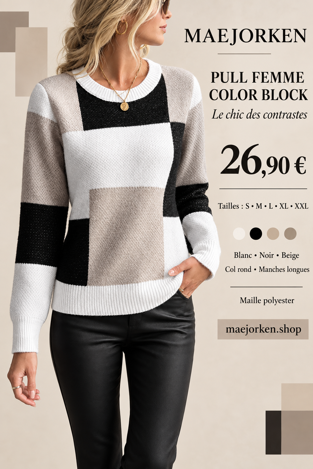 Affiche MAEJORKEN : pull femme color block blanc, noir et beige à 26,90 €, tailles S à XXL.